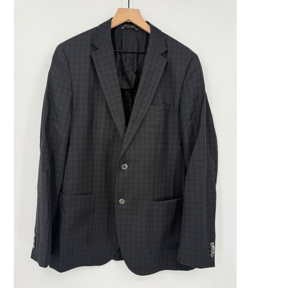 Hugo Boss Blazer Mens 42L Grey Plaid Virgin Wool Super 100 Sport Coat